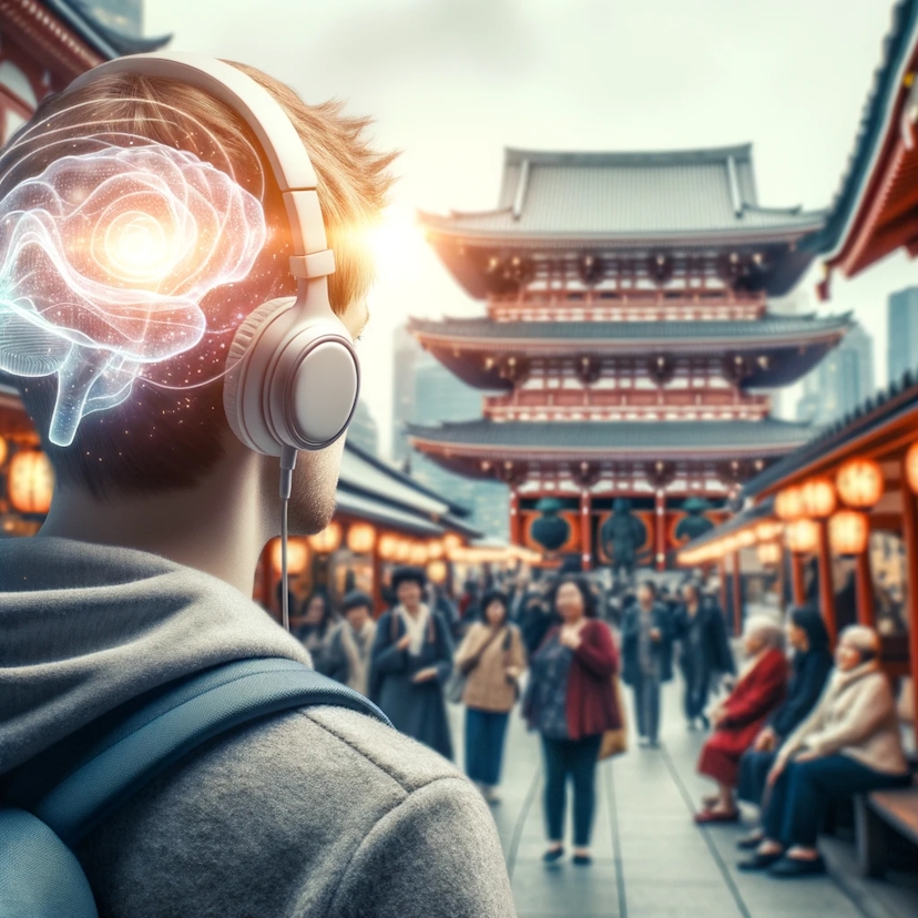 Photo of an individual travelling in a foreign country, communicating with locals and wearing headphones. A soft glow surrounds their head, representing the effect of concentration binaural beats on language learning, with cultural landmarks in the background.