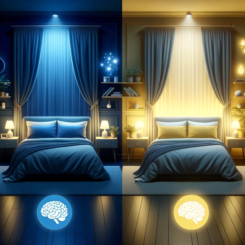 Photo of two contrasting bedroom scenes side by side: one depicting calm, deep blue tones and serene ambiance for deep sleep, and the other with brighter, yellowish tones, symbolising light sleep. Icons of brain activity differentiate the two settings.