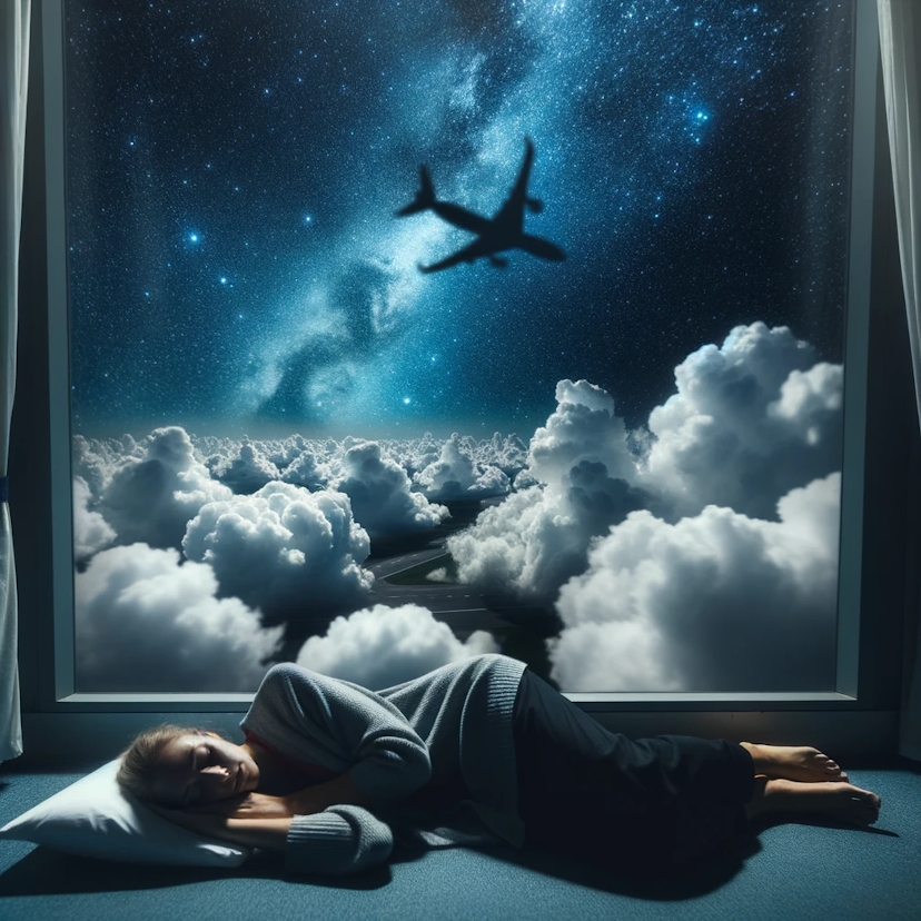 Photo of a person sleeping peacefully under starry night skies, with dreamlike clouds forming images above them.