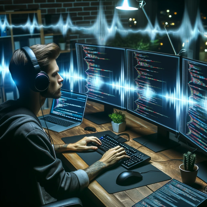 Photo of a programmer in a modern workspace, deeply engrossed in coding on multiple monitors, wearing headphones. Visual representation of sound waves, symbolising binaural beats, hover around them, indicating boosted coding skills.
