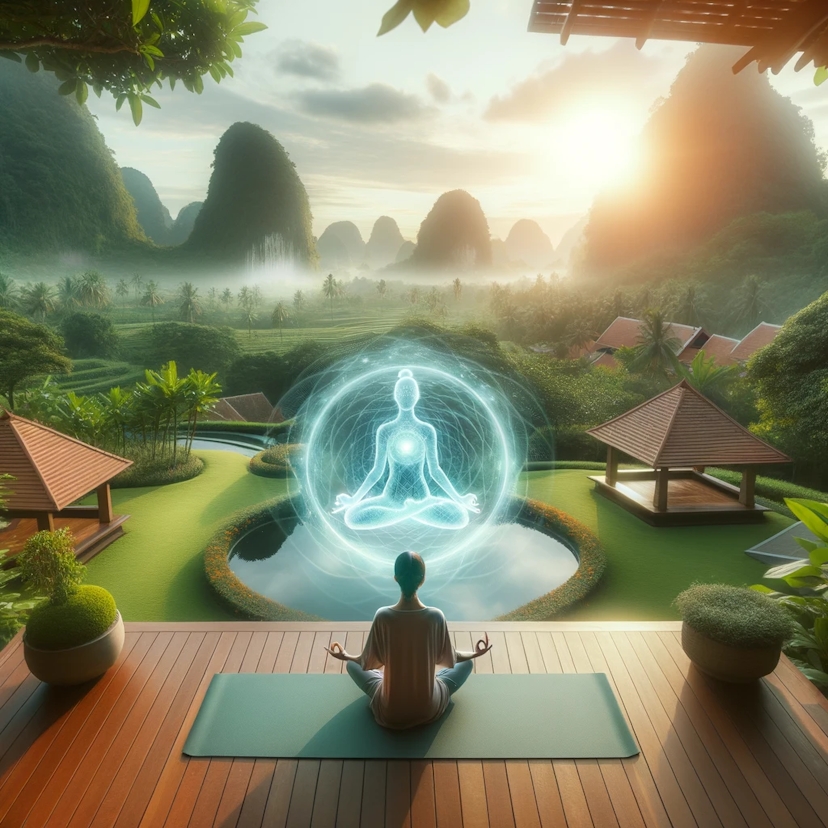 Photo of an outdoor setting with an individual practicing yoga on a mat, with a serene aura around them, symbolizing the effects of the 'Relaxation and Stress Reduction Preset'.