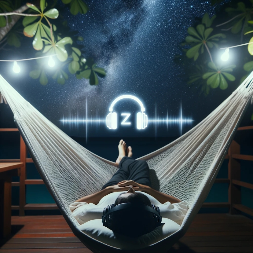 Photo of a person lying on a hammock outdoors under a starry sky, headphones on, with a soft glow around them symbolizing the 'Deep Sleep Preset'.