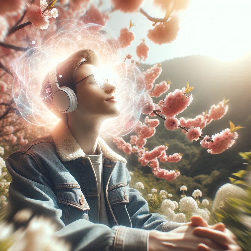 Photo of an individual outdoors, surrounded by blooming flowers, basking in sunlight, with headphones on, and a soft aura representing the 'Mood Elevation Preset'.