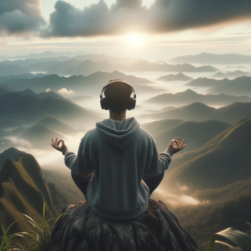 Photo of an individual on a mountaintop, overlooking a vast landscape, meditating with headphones on, enveloped by the calming aura of the 'Meditation Preset'.