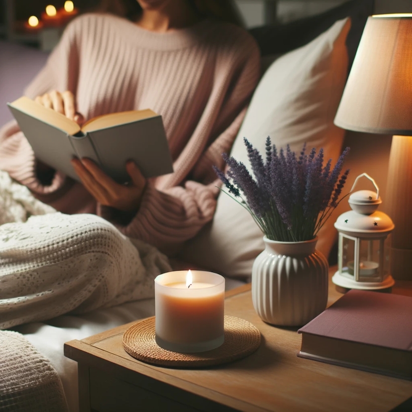 Photo of a woman reading a relaxing book in a cozy bedroom setting, with a bedside table featuring a lavender scented candle. Soft, ambient light from a lamp illuminates the room, creating a tranquil atmosphere.