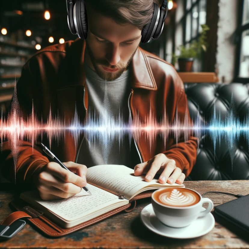 Photo of an individual at a coffee shop, deeply engrossed in writing in a leather-bound journal, wearing headphones. Visual representation of sound waves, symbolising binaural beats, hover around them, indicating a surge in creativity.