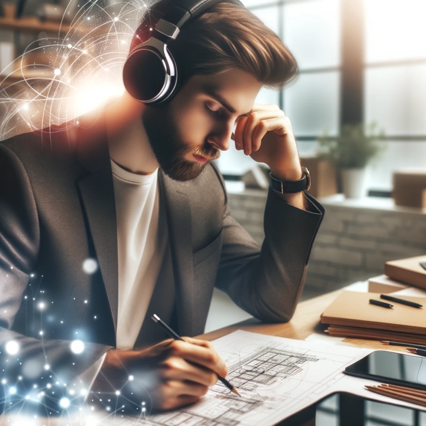 Photo of a male professional at a workspace, engrossed in designing a project plan with headphones on. A soft glow surrounds his head, representing the effect of concentration binaural beats, with digital devices and sketches spread out.