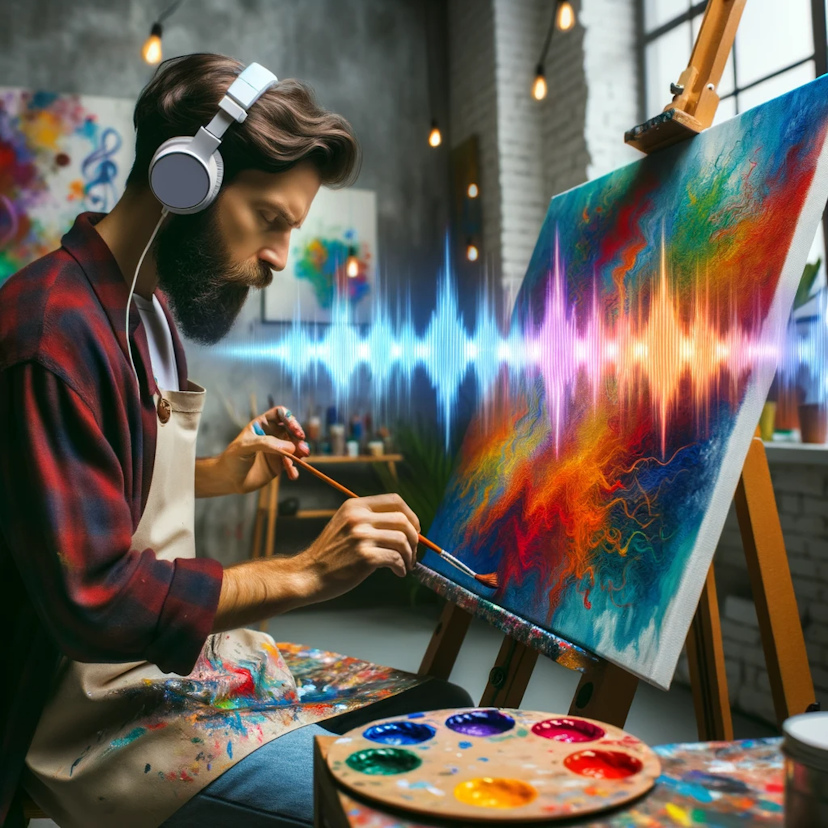 Photo of an artist in a brightly lit studio, deeply engrossed in painting a vibrant canvas, wearing headphones. Waves symbolising brain activity and creativity-enhancing beats emanate from the headphones, suggesting a boost in artistry.
