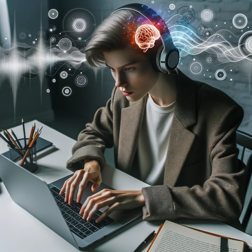Photo of an androgynous female author in a modern workspace, typing on a laptop with determination, wearing headphones. Visual representations of creativity-enhancing beats and brain waves hover around her, suggesting a boost in writing flow.