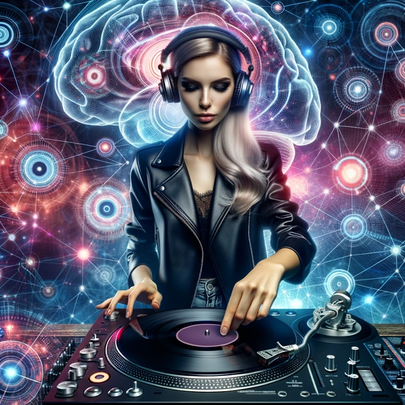 Photo of a stylish female DJ spinning a record with a futuristic background showcasing a blend of music symbols and neural connections.