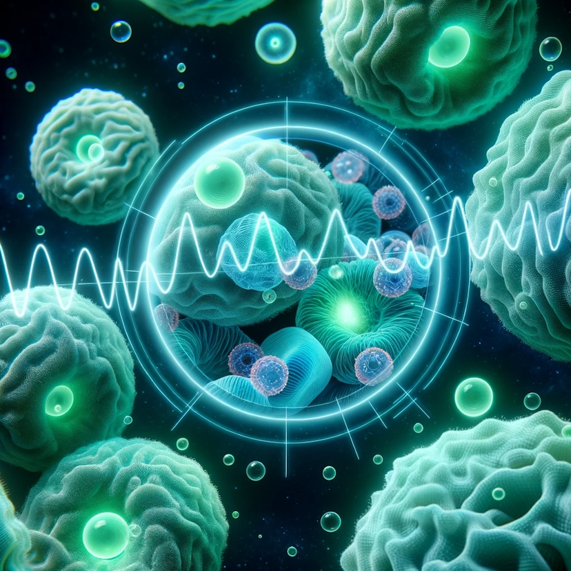 Photo of a magnified view of immune cells, illuminated in soft greens and blues, representing their activity during deep sleep. Graphics of sleep waves intertwine with the cells, highlighting the boost in immune function during restful sleep.