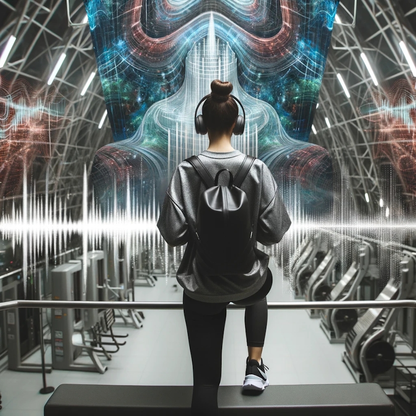 Photo of a female athlete, shot from behind, cooling down post workout in a gym, with visuals of deep sleep waves emanating from headphones on her head.