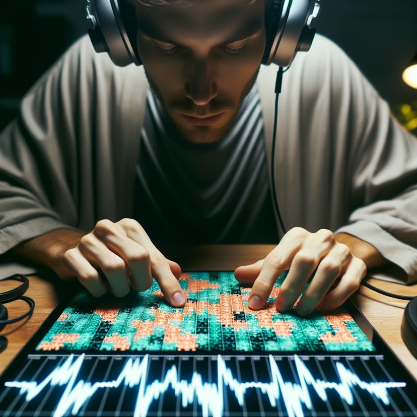 Photo of an individual wearing headphones, concentrating on a complex puzzle on a table with binaural beats visualized on a nearby screen.