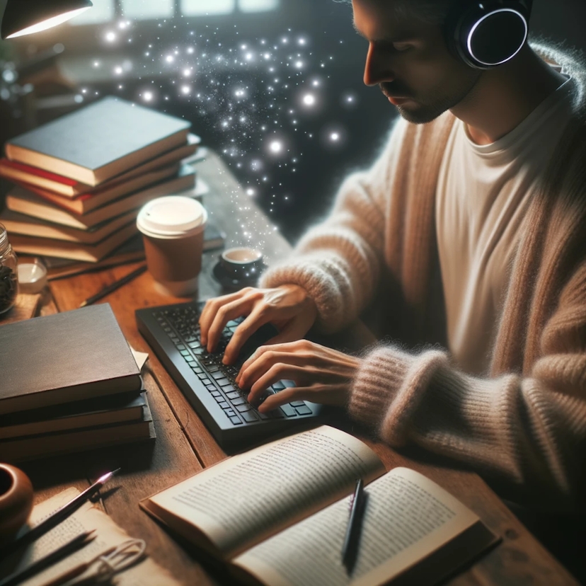 Photo of a writer at a cozy workspace, engrossed in typing a novel with headphones on. A soft glow surrounds the writer's head, representing the effect of concentration binaural beats, with manuscripts and coffee cup nearby.