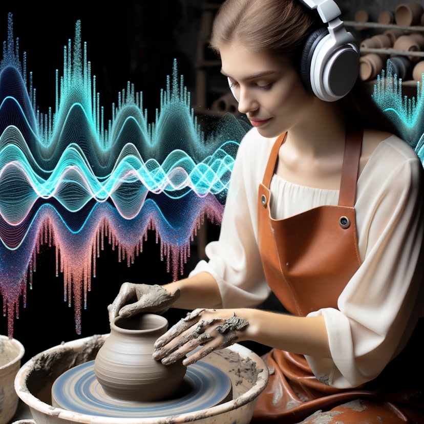 Photo of a female potter, crafting a clay piece at a wheel, with headphones on, and musical waves representing binaural beats flowing around her.