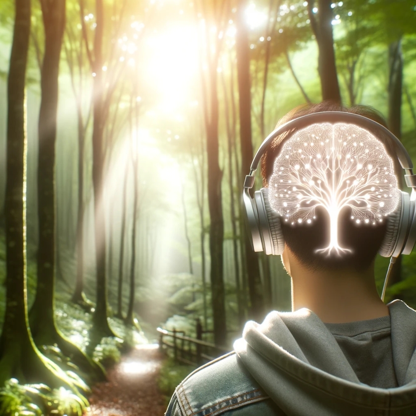 Photo of a person walking in a peaceful forest, taking in the natural surroundings while wearing headphones. A soft glow surrounds their head, representing the effect of concentration binaural beats on mental wellness, with trees and sunlight filtering through.