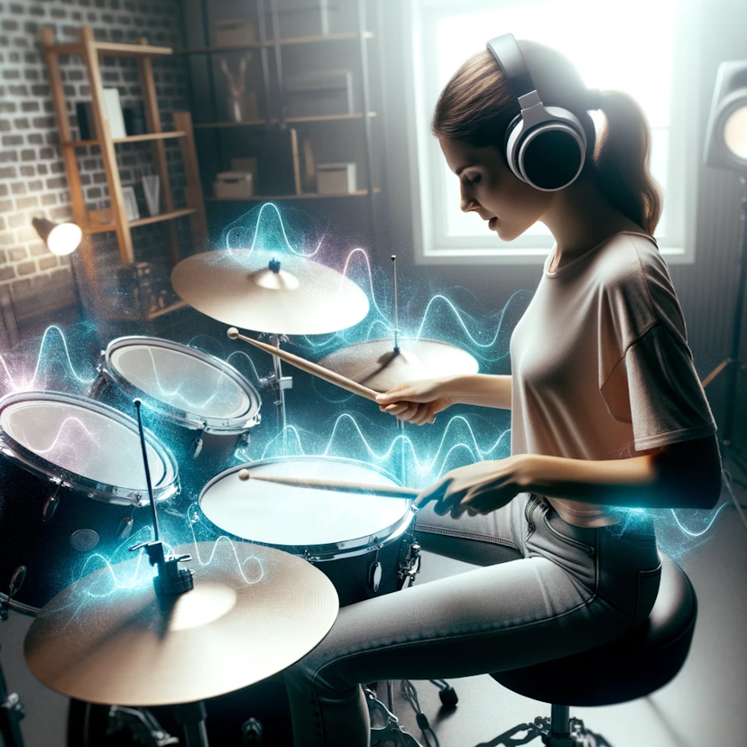 Photo of a female drummer in a practice room, energetically playing her drum kit, wearing headphones. A soft glow surrounds her, representing the effect of concentration binaural beats on mastering musical rhythms.