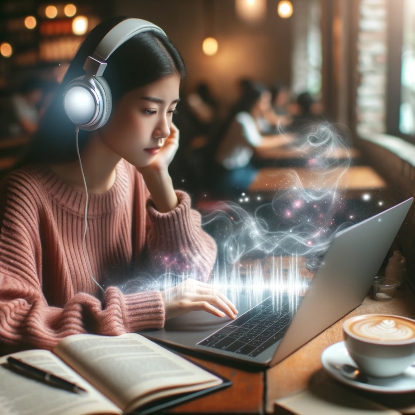 Photo of a female student at a cafe, intently working on her laptop with headphones on. A soft glow surrounds her head, representing the effect of concentration binaural beats, with a cup of coffee and books nearby.