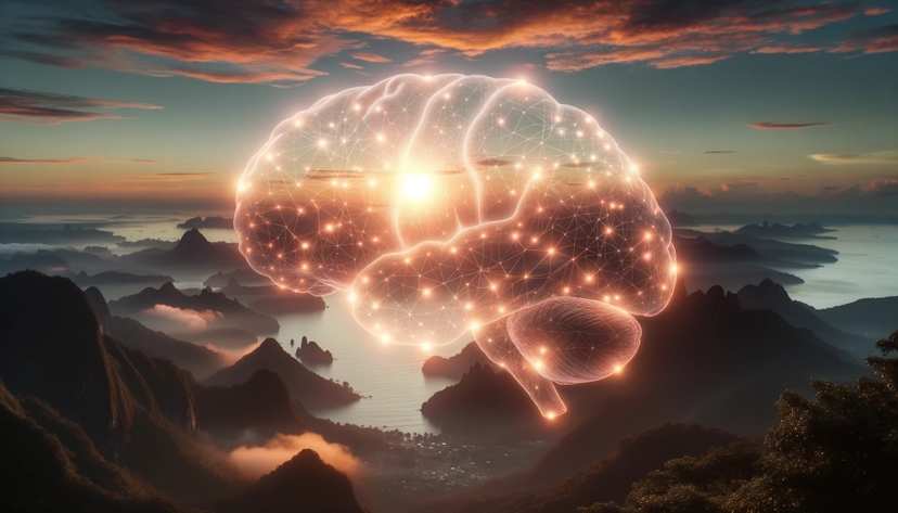 Photo of a serene landscape during sunrise, showcasing the horizon where the first light of the day starts to break. Overlaid on the image is a translucent brain silhouette with visible neural pathways illuminated.