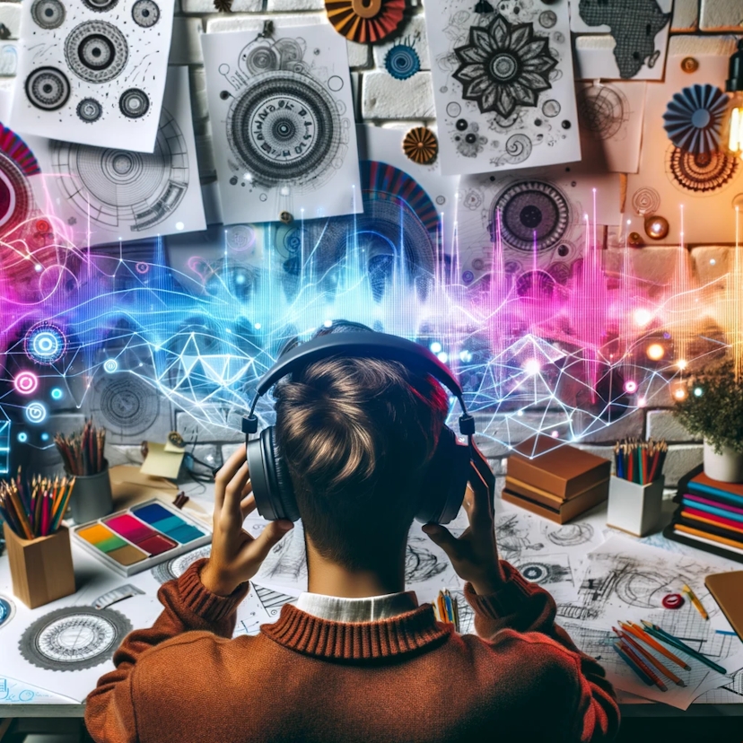 Photo of a creative individual in a vibrant studio, surrounded by sketches and designs, wearing headphones with binaural beats visualized around them, representing the creative journey.