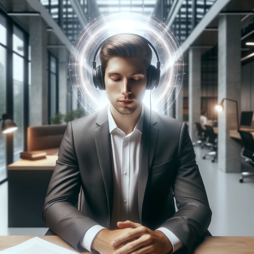 Photo of a male office worker in a contemporary setting, lost in thought with headphones on. A soft glow surrounds his head, representing the effect of concentration binaural beats, with a clear and organized desk in front.