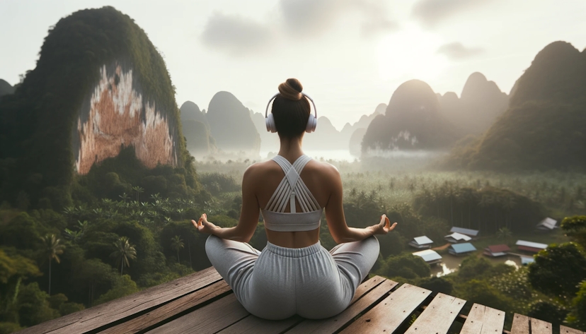 Broad landscape photo presenting a serene outdoor location. In the scene, a young athletic woman with is seen from behind, meditating with headphones on.