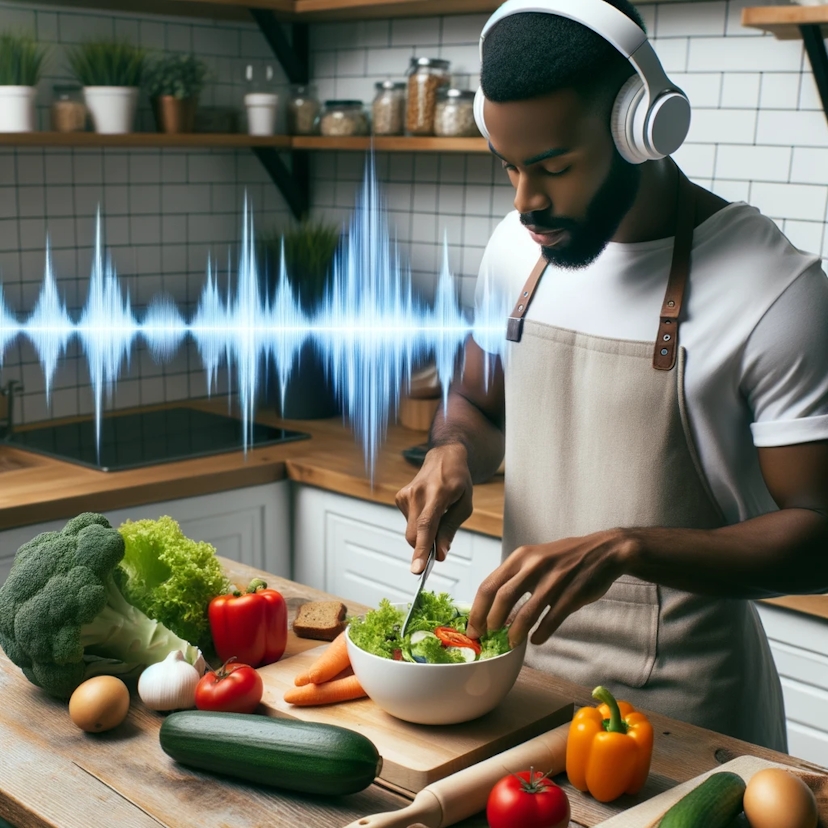 Photo of a diverse individual preparing a healthy meal in a kitchen, wearing headphones. Graphics of binaural beats waves float around them, suggesting a heightened focus on nutrition and meal planning.