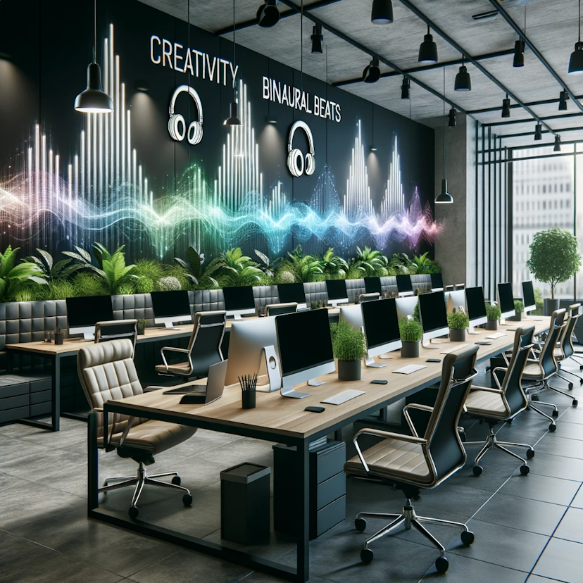Photo of a modern open-concept office with sleek desks and ergonomic chairs. Surrounding the workspace are graphics of sound waves representing creativity binaural beats, suggesting a boost in workplace innovation. Green plants and mood lighting enhance the ambiance.