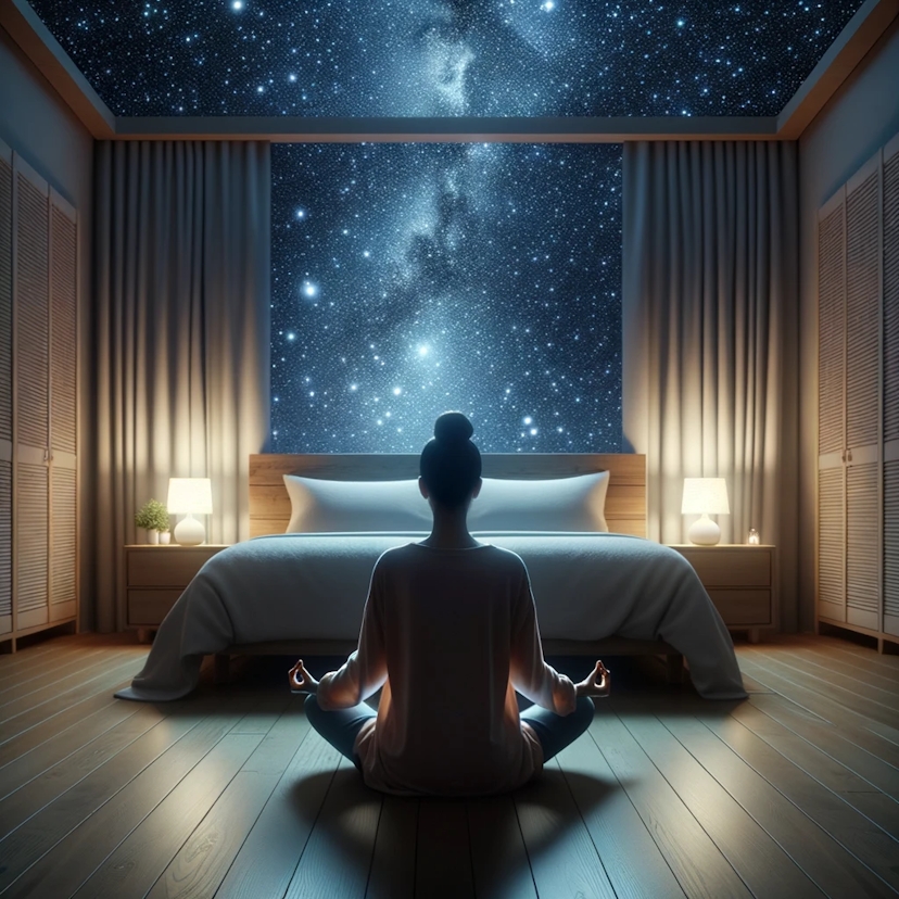 Photo of a person meditating in a peaceful bedroom setting, with visual cues of deep sleep like soft lighting and a starry night outside, highlighting relaxation and stress reduction.