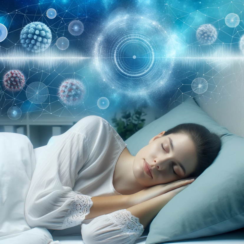 Photo of a female individual peacefully sleeping in a comfortable bed, surrounded by soft blue hues symbolising restorative sleep. Scientific graphics representing sleep cycles and brain waves hover above, indicating the science of deep sleep.