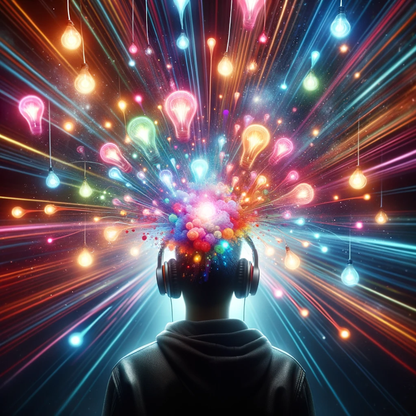 Photo of a person standing amidst a burst of colorful light beams, representing creative ideas, while wearing headphones. A soft glow surrounds their head, indicating the effect of binaural beats in stimulating the mind.
